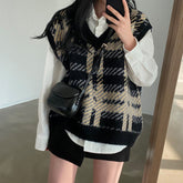 V-Neck Retro Plaid Sleeveless Knitted Sweater